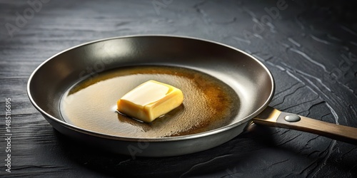 A pat of golden butter melts on a hot skillet, dish, food,  dish, food, cooking