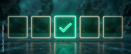 5 glowing blank equal sizes square boxes in a raw in equal space between boxes in outline style with one check mark over the middle box in blurred transparent glowing dark green glass background, in o