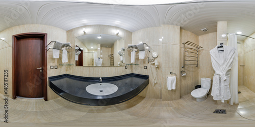 seamless 360 hdri panorama in interior of toilet with shower cabin and wall mount attachment in elite bathroom in equirectangular projection. VR AR content