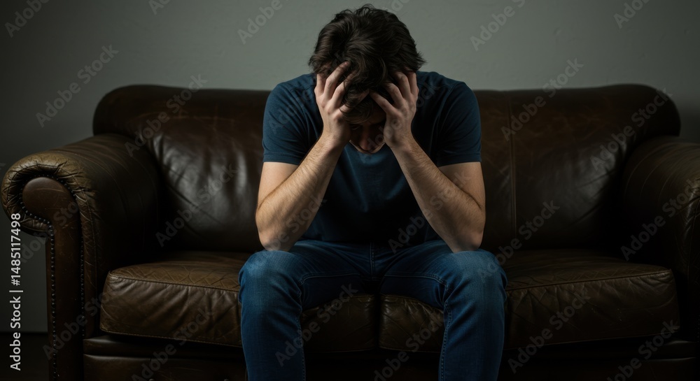 Obraz premium Man on couch expressing sadness and despair, with head in hands and dark lighting