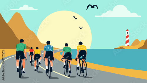 Back view of cyclists pedaling on a sunny coastal road with lighthouse and ocean scenery. Flat vector