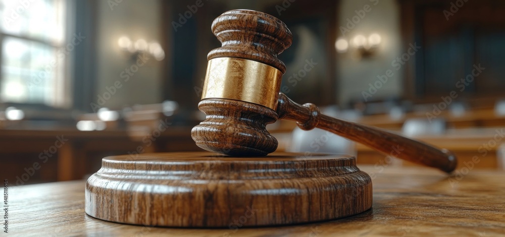 Gavel on Wooden Block in Courtroom Setting: Symbol of Justice and Law Gavel on Wooden Block in Courtroom Setting: Symbol of Justice and Law