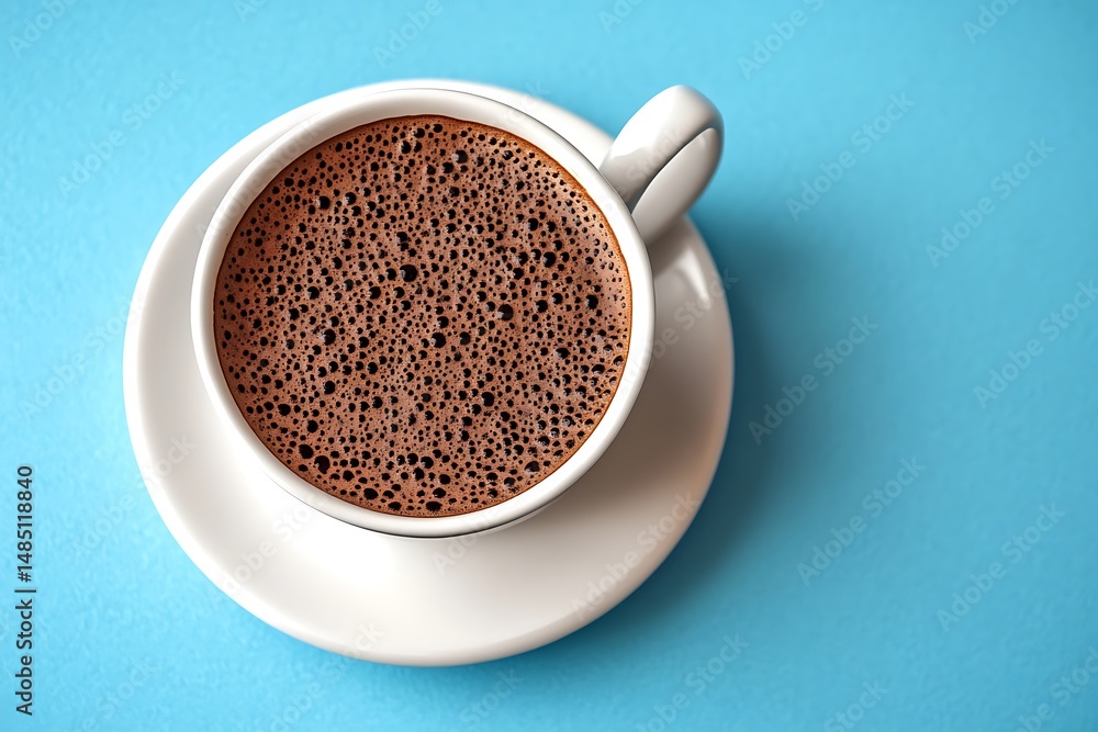 Fototapeta premium Frothy cocoa cup on blue background
