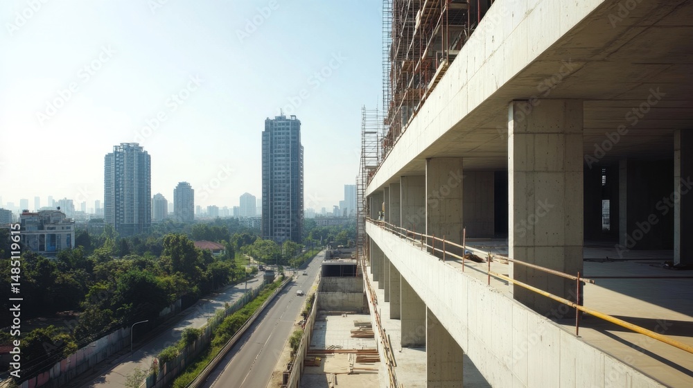 Fototapeta premium Concrete walls and scaffolding in place on a large modern construction project