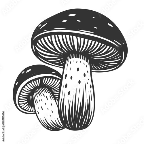 Vintage monochrome mushroom boletus for cooking ingredient, herbal extract, pharmaceutical fungi use, botanical label or rustic food packaging.