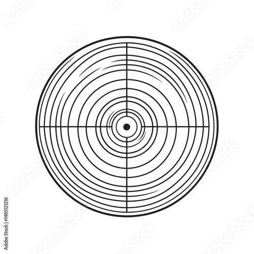 Concentric black circles radiate from a central bullseye marker over a white backdrop