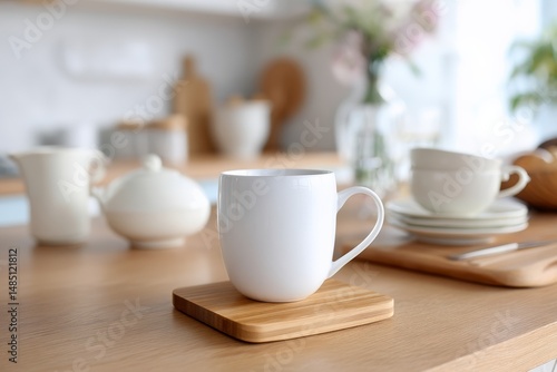 Wallpaper Mural Minimalist kitchen table with white ceramic mug and wooden coaster Torontodigital.ca