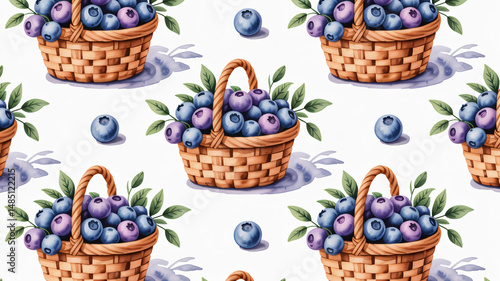 Seamless Pattern of Watercolor Blueberry Baskets on White Background Abstract Illustration