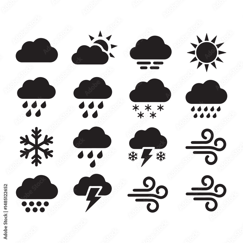 Weather Icon Set Vector Black Silhouettes of Clouds Sun Rain Snowflakes Thunderstorms and Wind Symbols Weather Icon Set Vector Black Silhouettes of Clouds Sun Rain Snowflakes Thunderstorms and Wind Symbols