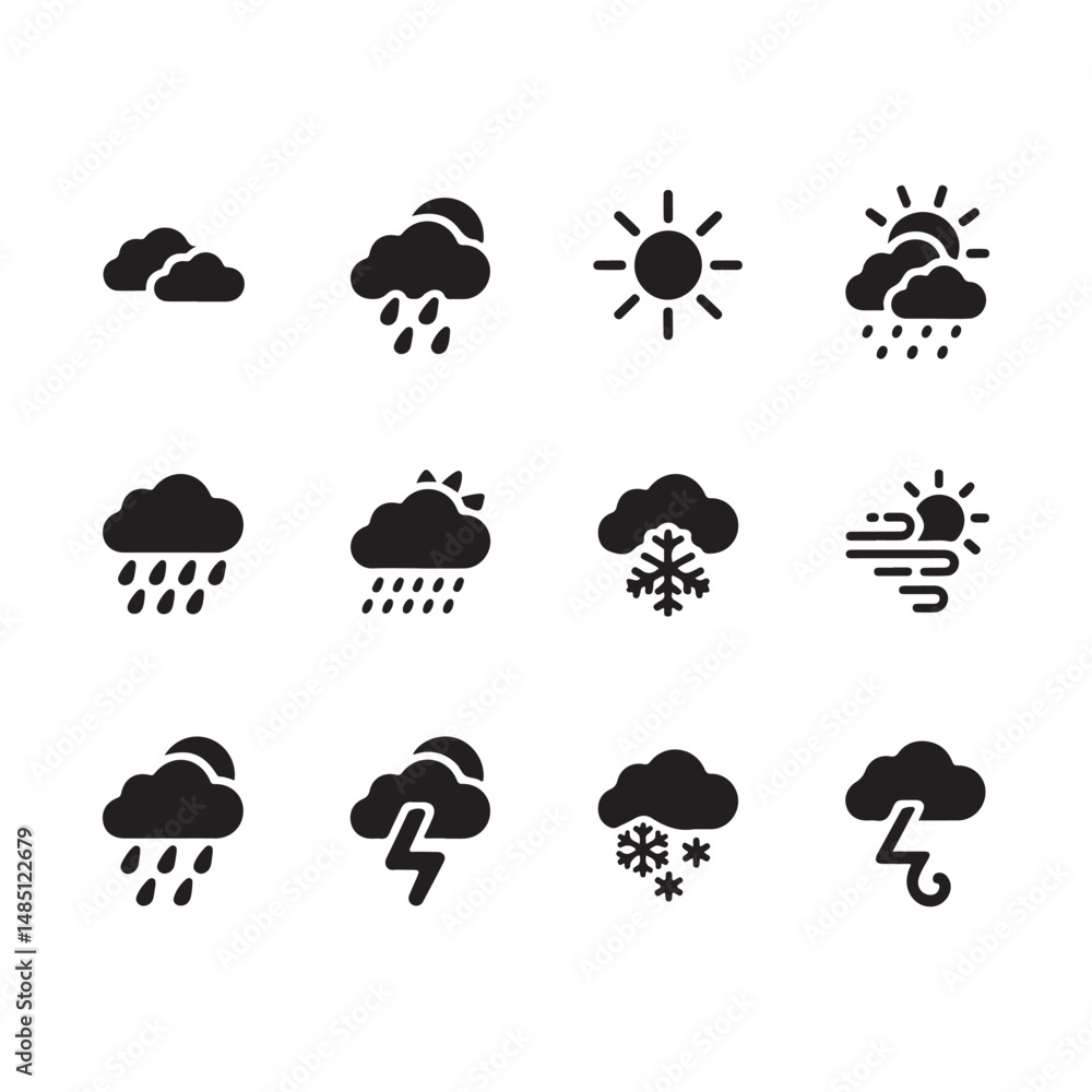 Weather Icon Set Vector Black Silhouettes of Clouds Sun Rain Snowflakes Thunderstorms and Wind Symbols Weather Icon Set Vector Black Silhouettes of Clouds Sun Rain Snowflakes Thunderstorms and Wind Symbols