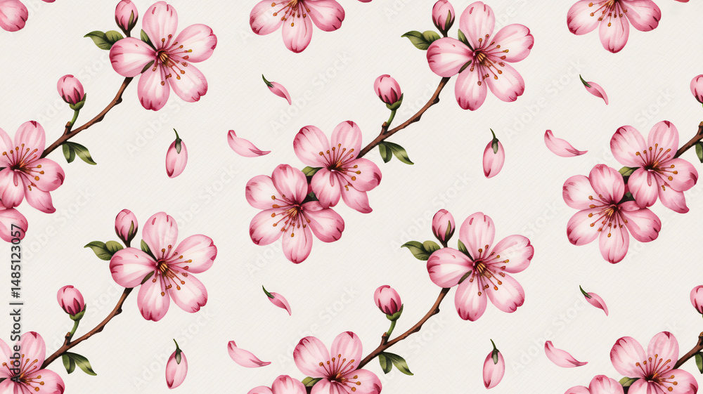 Seamless pattern with pink cherry blossom sakura flowers