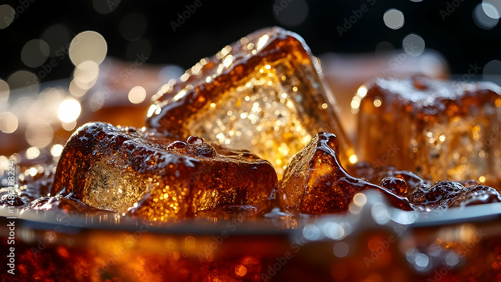 Ice Cubes Floating in Cola with Dramatic Backlighting Highlighting Contrast Between Crystal Clear Ice and Dark Liquid with Rising Carbonation Bubbles Ice Cubes Floating in Cola with Dramatic Backlighting Highlighting Contrast Between Crystal Clear Ice and Dark Liquid with Rising Carbonation Bubbles
