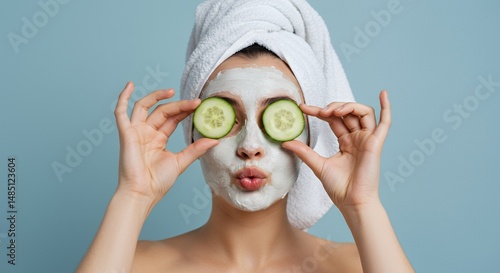 Woman with Facial Mask and Cucumber Eyes Poses Against Textured Blue Backdrop in Studio for Skincare Ad Campaign Emphasizing Natural Home Spa Day and Playful Beauty