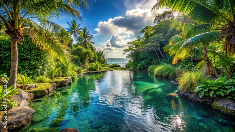 Obraz premium A serene natural pool surrounded by lush greenery and tropical plants