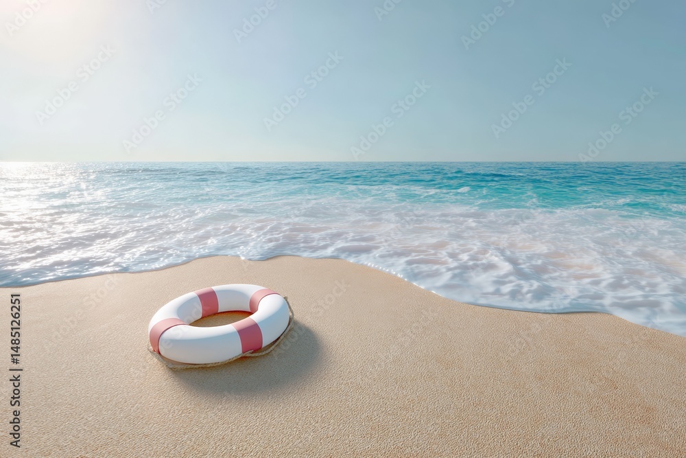 Obraz premium White and red lifebuoy on sandy beach with ocean waves under clear blue sky