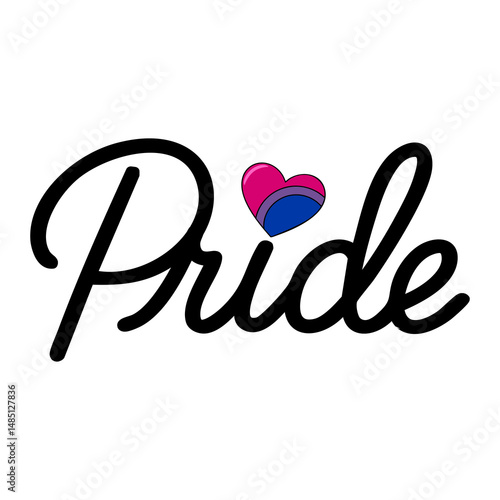 Vector illustration of the word Pride in a stylish script font, featuring a small bisexual pride heart as a unique design element.