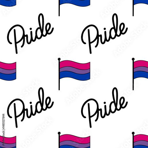 Seamless vector pattern featuring the bisexual pride flag and stylized Pride lettering, perfect for LGBTQ+ themed designs and celebrations.