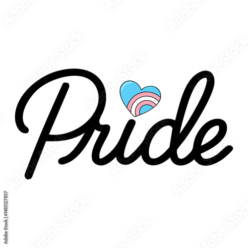 Vector illustration of the word Pride in a stylish script font, featuring a small heart incorporating the transgender pride flag colors.