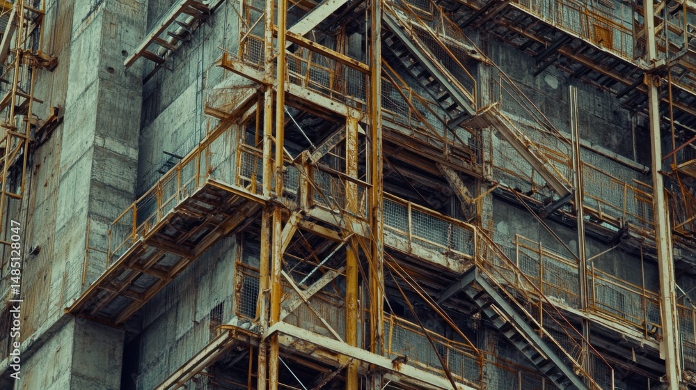 Detailed view of steel framework and concrete foundation under development in a large-scale construction engineering site Detailed view of steel framework and concrete foundation under development in a large-scale construction engineering site