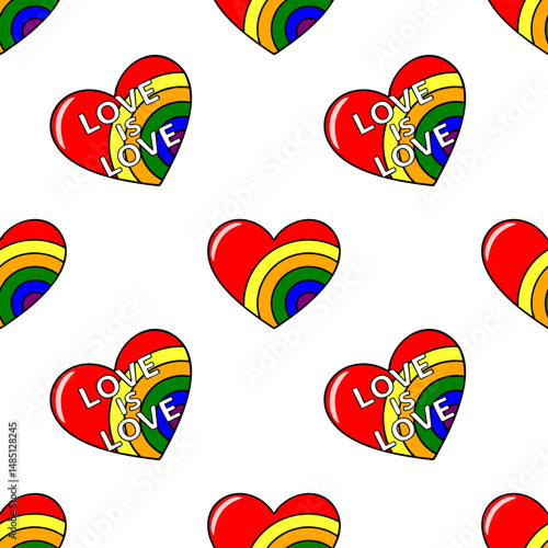 Seamless vector pattern of vibrant rainbow hearts with Love is Love inscription, ideal for Pride Month celebrations or LGBTQ+ themed designs.