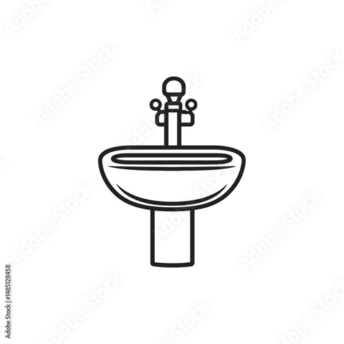 Detailed black and white outline depicts a pedestal sink with faucet, showing transparent background