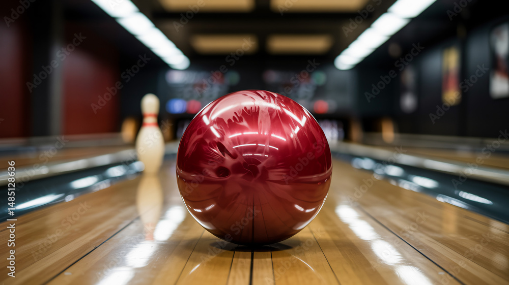 Shiny red bowling ball on a lane