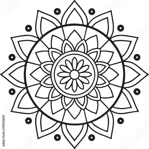 Floral Mandala Outline for Coloring Book – Black and White Symmetrical Design