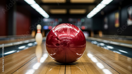 Obraz na płótnie Shiny red bowling ball on a lane w salonie