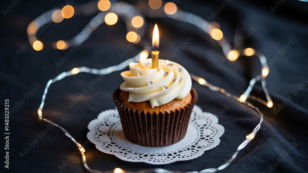 Side view of an elegant cupcake with swirl frosting and a lit candle surrounded by soft-focus celebr