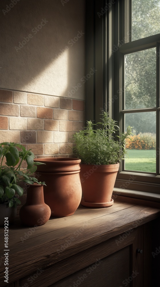 Fototapeta premium Window Plants: A serene indoor scene, where the warm embrace of natural light illuminates an array of potted plants, evoking a sense of tranquility, balance, and harmony.