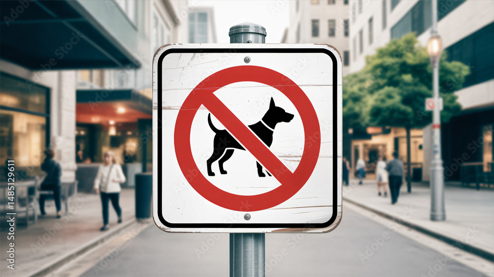 Sign with No Dogs Allowed Symbol on White Background Indicating Pet-Free Zone in Natural Urban Envir