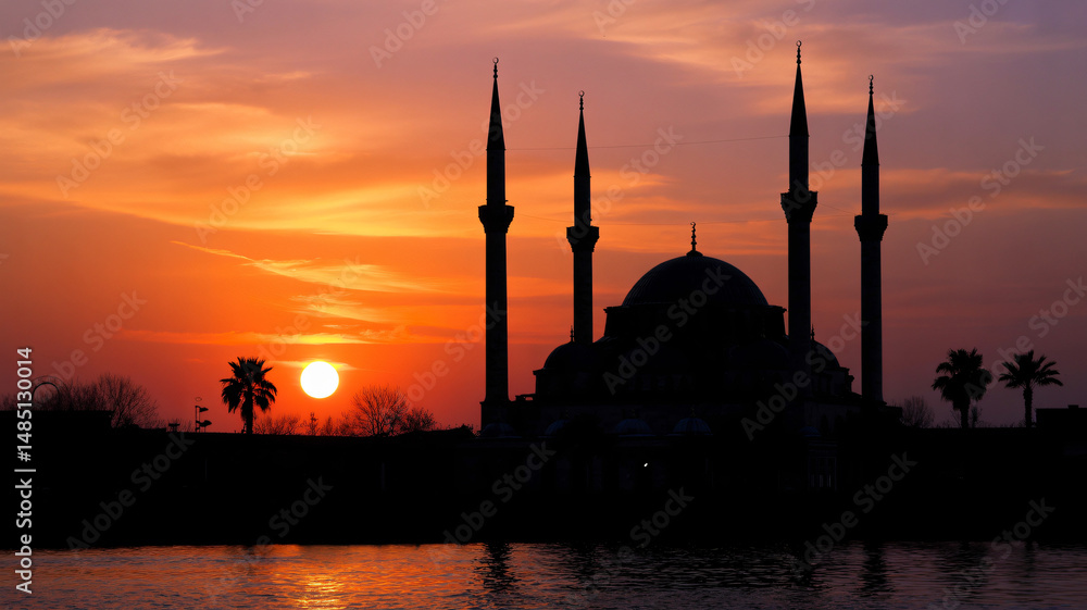 Silhouette of a mosque at sunset with a bright sun on the horizon and an orange-colored sky above it