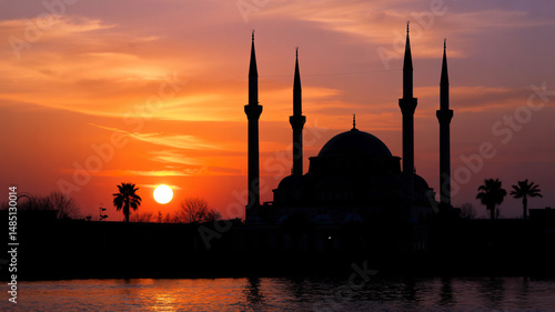 Obraz na płótnie Silhouette of a mosque at sunset with a bright sun on the horizon and an orange-colored sky above it w salonie