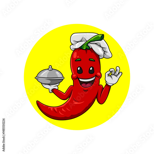 Red hot chili character mascot design wearing chef hat and gloves. best for your food business icon.