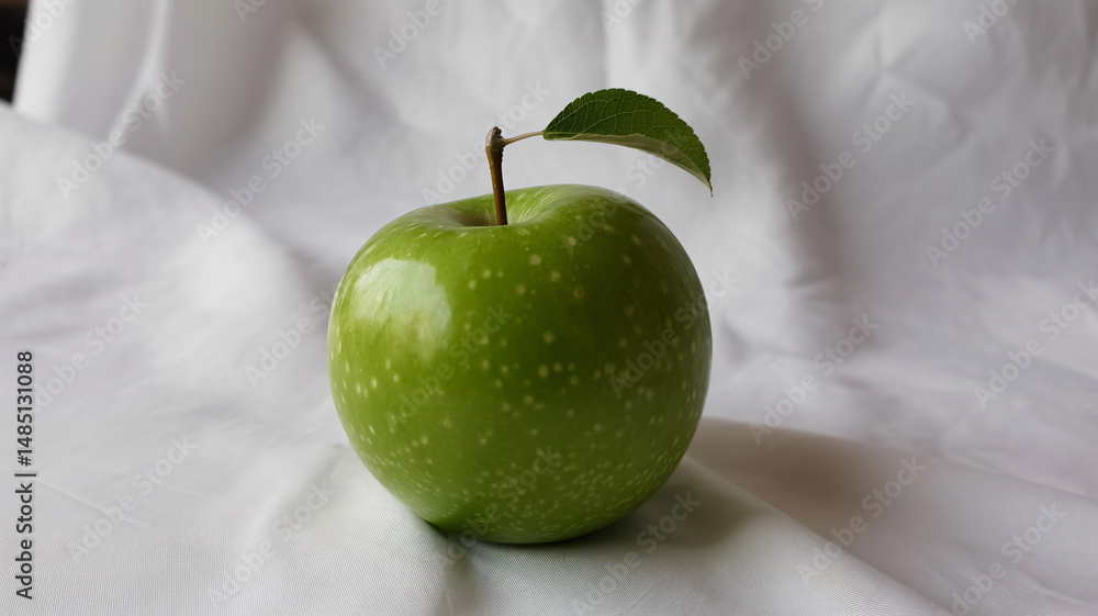 Single vibrant green fruit with a leaf cast shadow on a white background