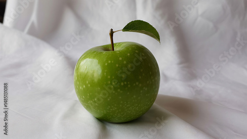 Obraz na płótnie Single vibrant green fruit with a leaf cast shadow on a white background w salonie
