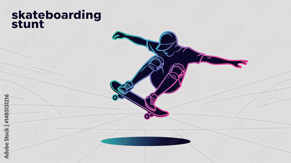 Skateboarding stunt icon Streamlined minimalist line art in vibrant gradient