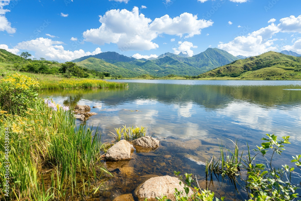 Fototapeta premium Tranquil lake surrounded by lush greenery and mountains under bright blue sky with fluffy clouds reflects serene landscape