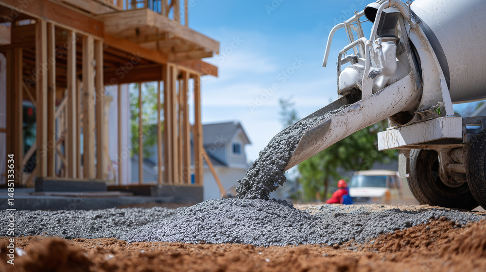 Fototapeta premium Close-up of rotating cement mixer drum coated in gray residue, pouring slurry into a foundation trench beside new home framework