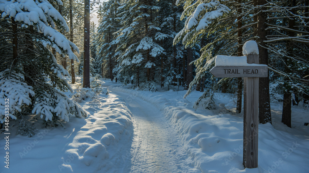 Snowy forest path in winter sunlight