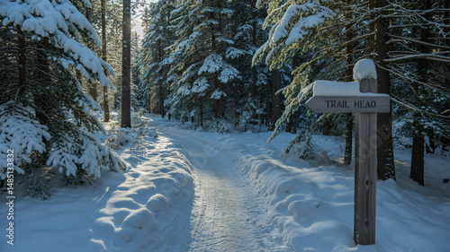 Obraz na płótnie Snowy forest path in winter sunlight w salonie