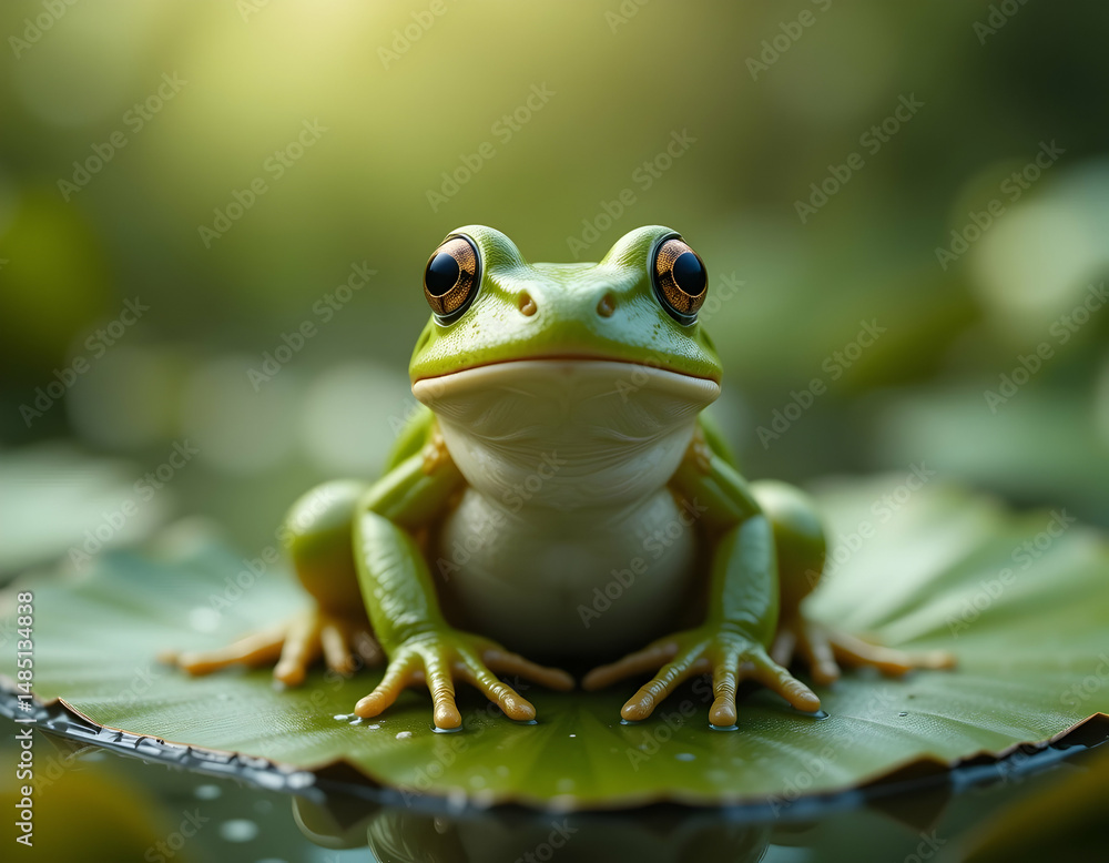 Obraz premium Frog Sitting on Lily Pad in Pond Natural Wildlife Scene