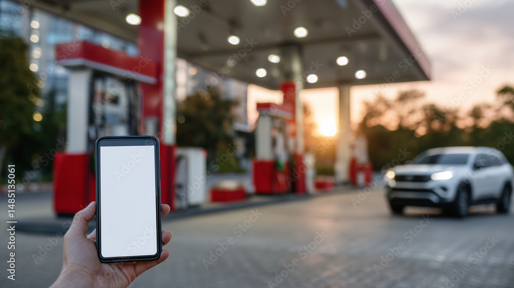 Obraz premium Phone held out in front of red gas pump, blank display glowing in warm ambient light of golden hour, suggesting mobile utility