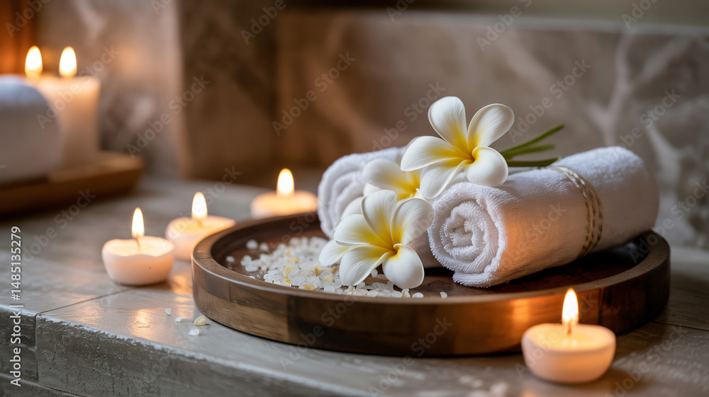 Spa Scene with Candles Bath Salts Towels and Plumeria on Wooden Tray