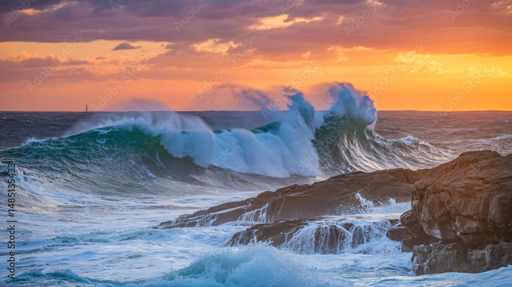 Spectacular ocean waves crashing against rocky shore at sunset reflecting nature s elemental forces