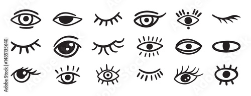 eyes and lashes doodle hand drawn icon set. Outline drawing line clipart symbol collection