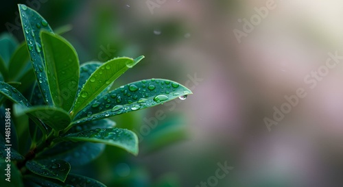 Soft focus macro image of leaf with morning dew – suitable for relaxation, botanical blogs, cosmetic branding, or wellness visuals