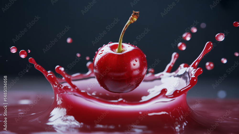 Splashing cherry in a vivid burst of liquid