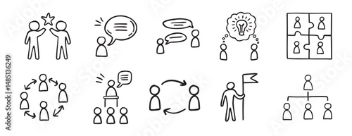 meeting team icon work team doodle hand drawn icon set. Outline drawing line clipart symbol collection