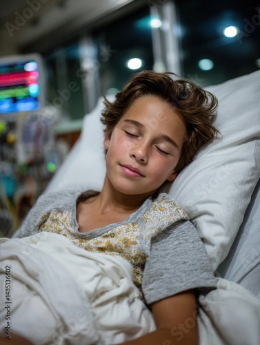 Young boy sleeping peacefully in hospital bed with medical monitor in background